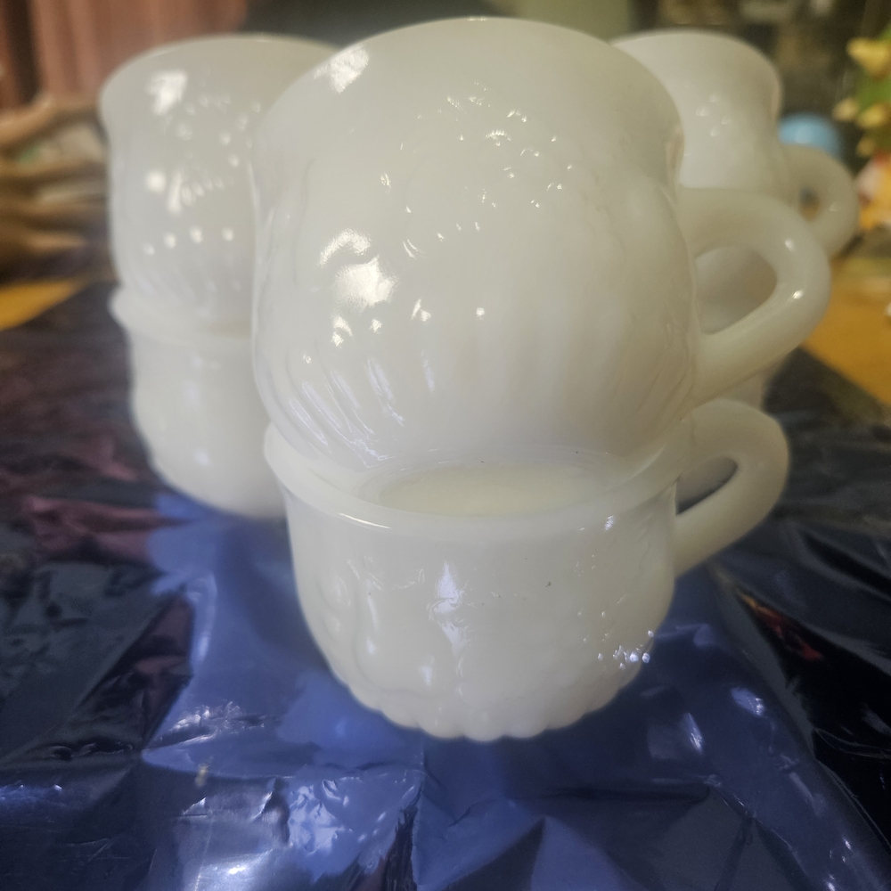 Vintage Jeanette Milk Glass Small Punch Cups w/Embossed Fruit Pattern Set of 6